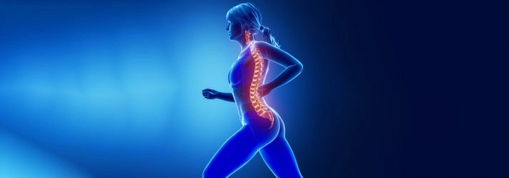 A digital illustration of a person running with a highlighted spine, emphasizing spinal health.